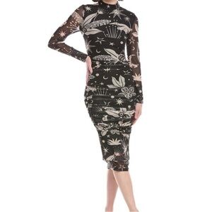 Farm Rio Cerrado Sky Tulle Midi Dress Long Sleeves Size S Black and Cream